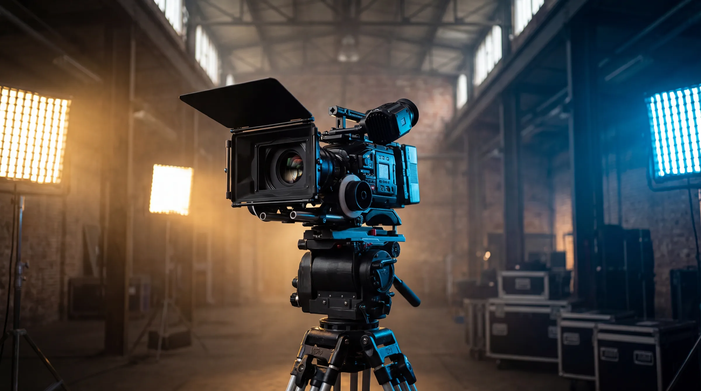 Professional video production setup with cinema camera and dramatic warm/cool lighting in an industrial warehouse