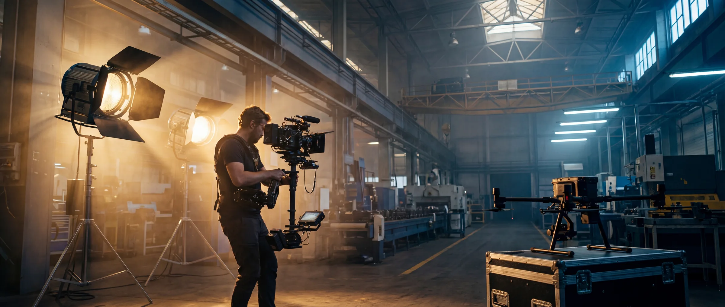 Professional video production crew shooting in an industrial facility with cinematic lighting
