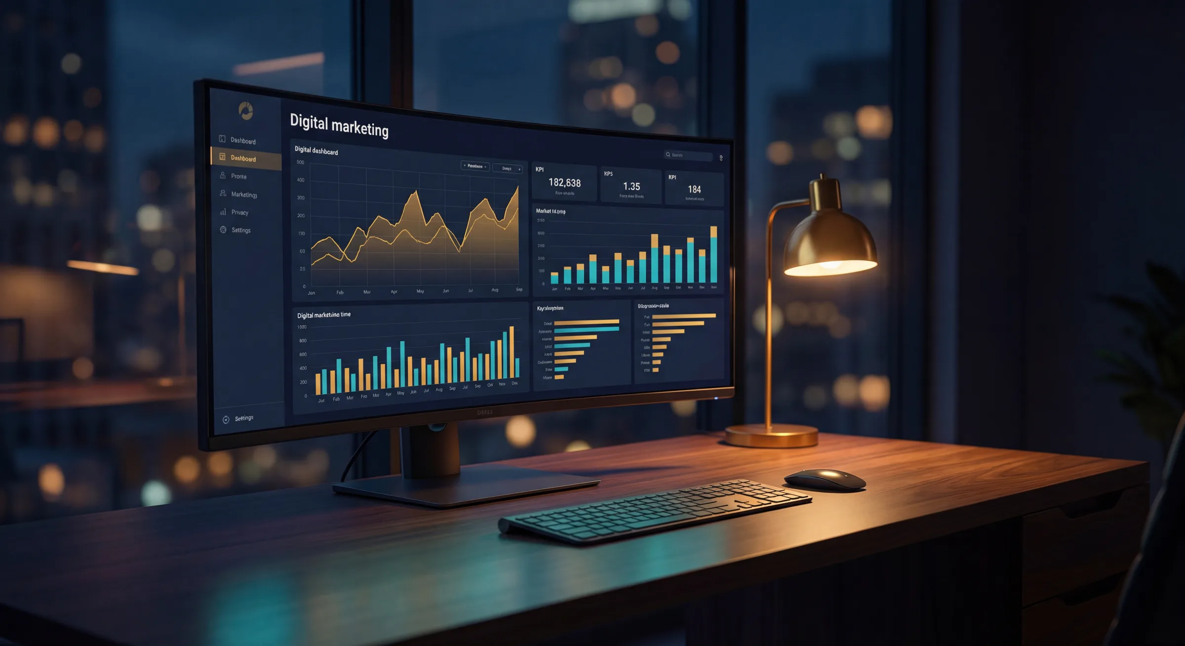 Dark office workspace with curved monitor displaying digital marketing analytics dashboard in navy and gold