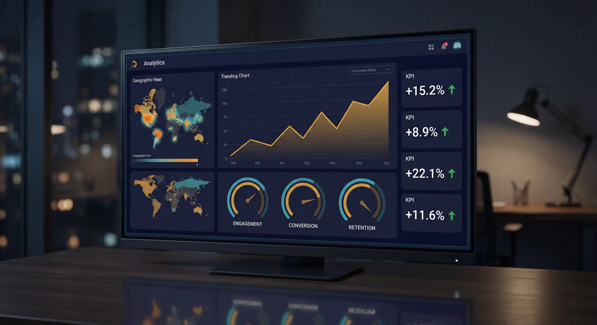 Sleek dark-themed analytics dashboard with amber gold charts and teal data visualizations