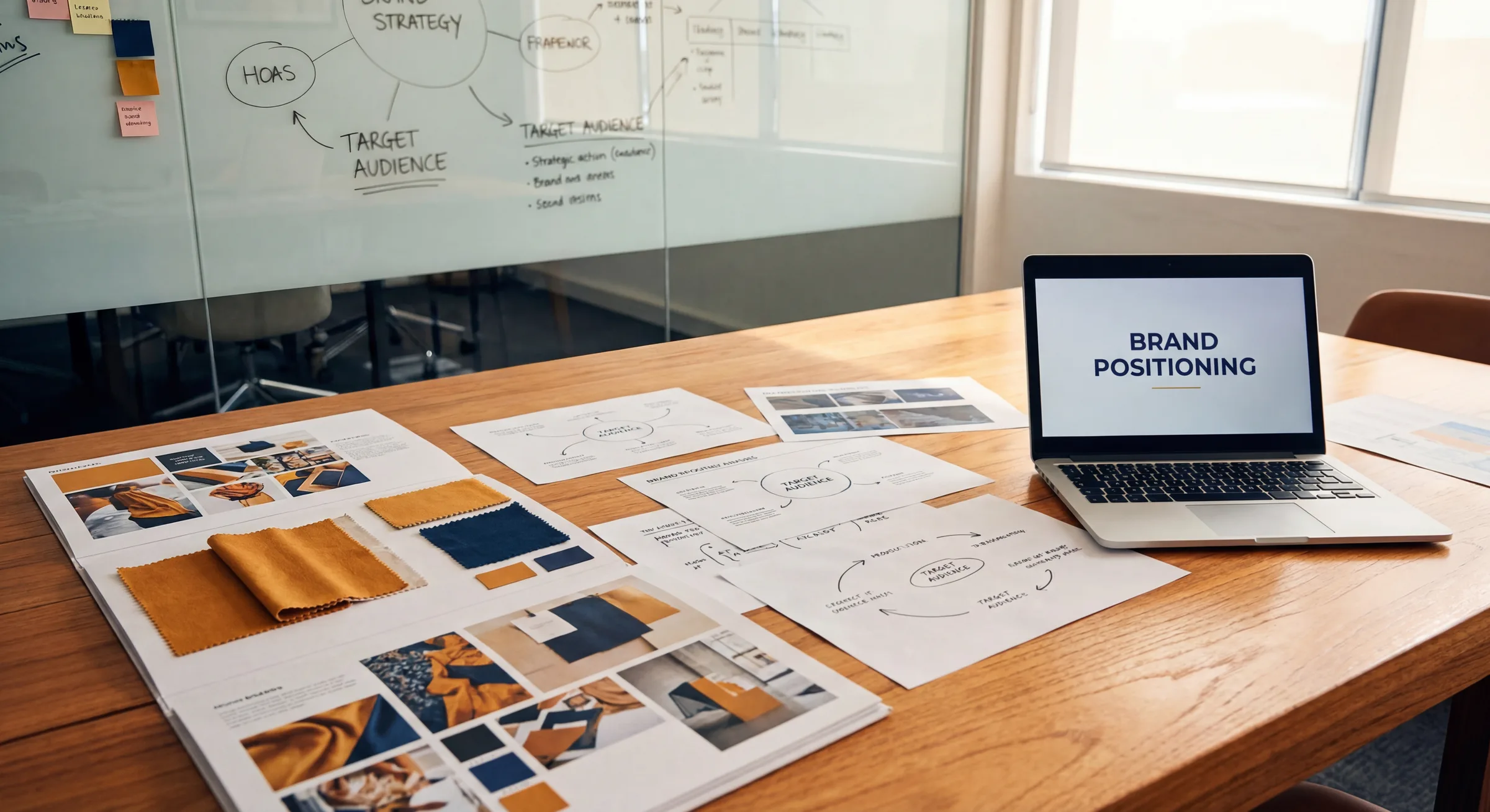 Modern conference room with brand strategy frameworks on whiteboard and planning materials on table